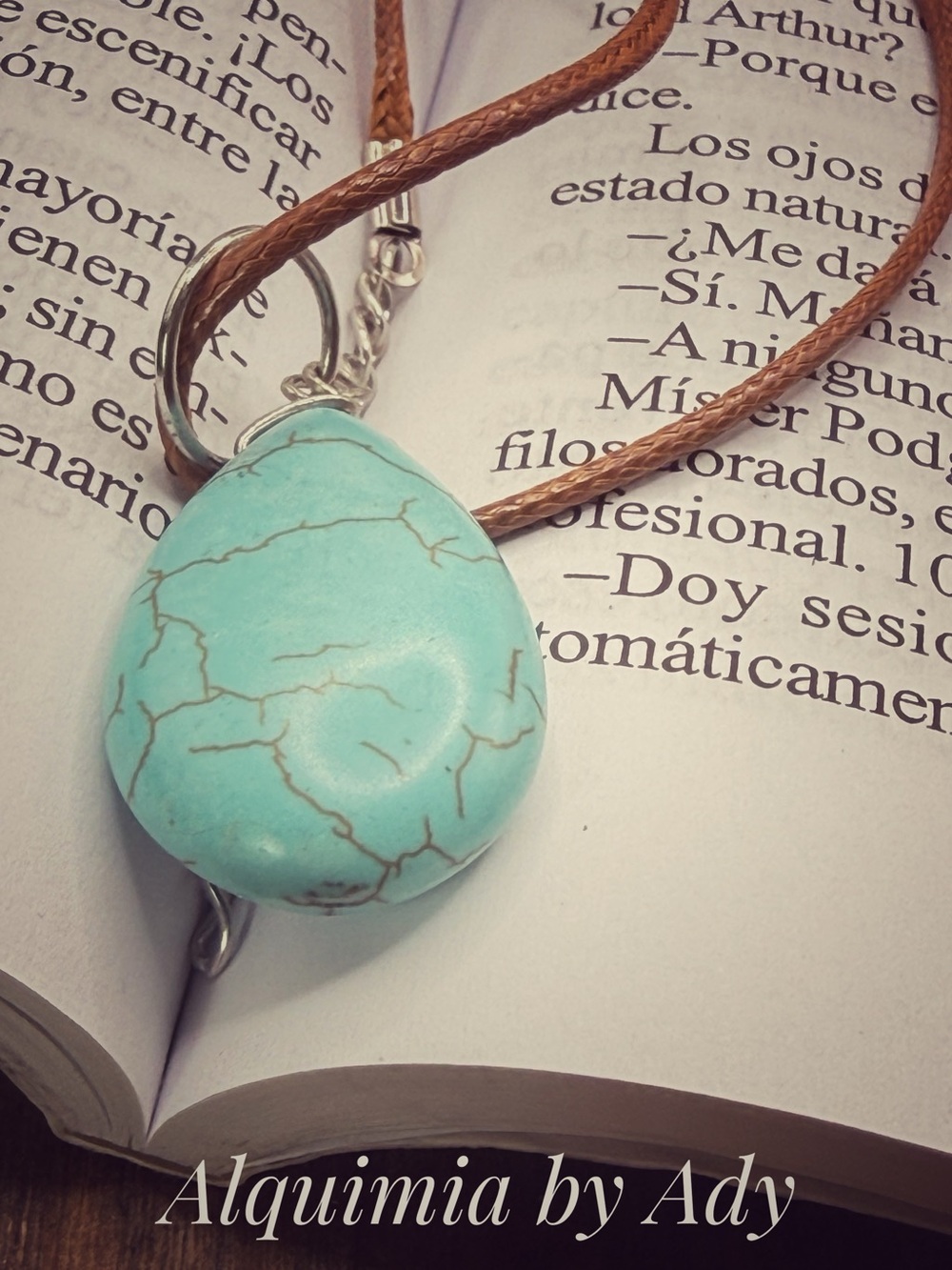 Alquimia Turquoise Blue Stone Pendant on Brown Cord